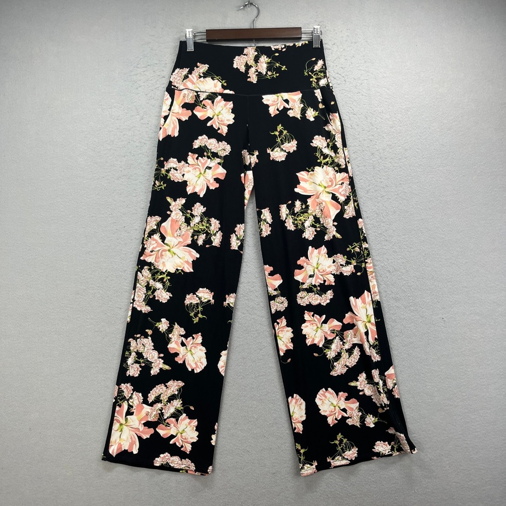 Eva Varro Floral Wide Leg Pants Womens S Black Pink Pull On Stretch Trousers USA